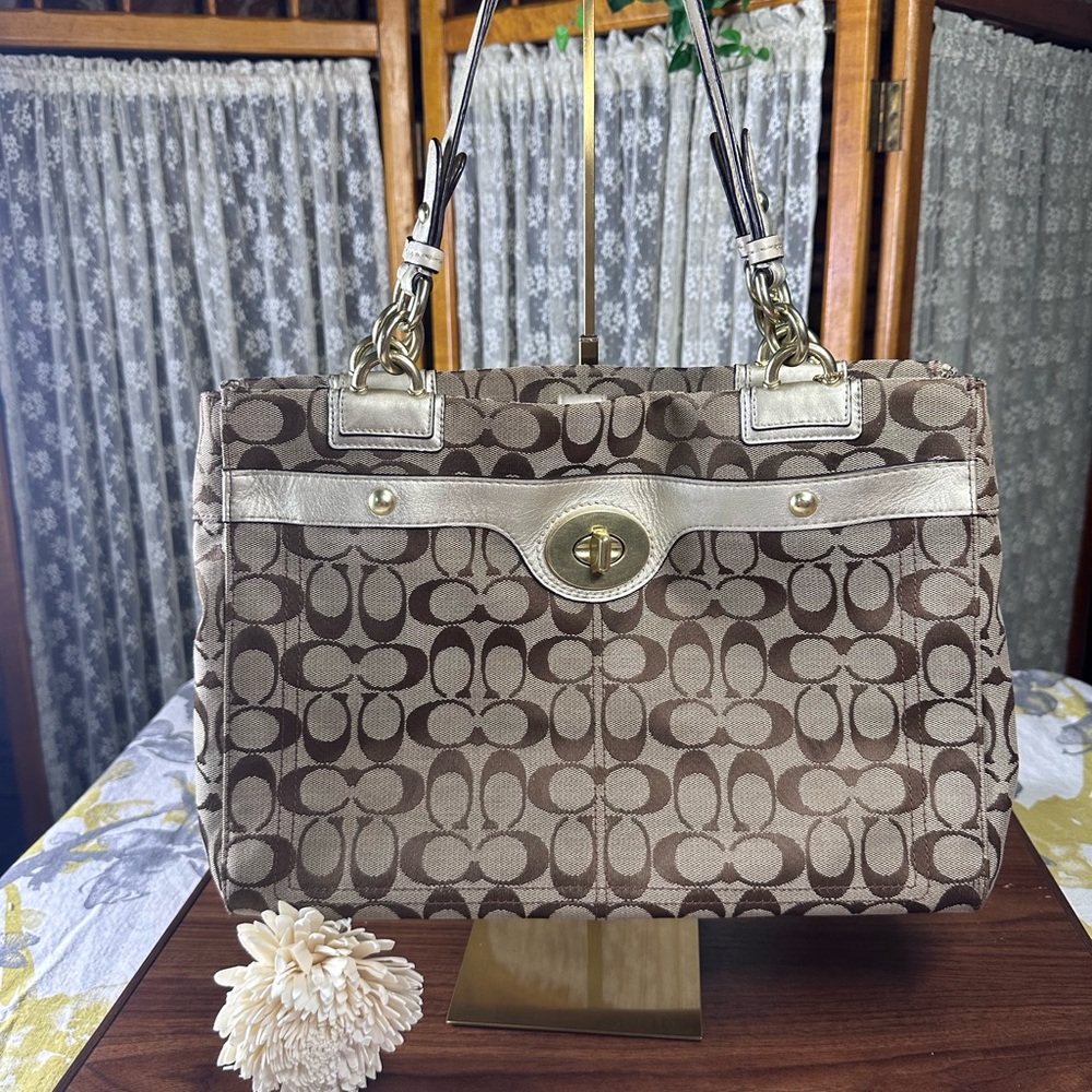 Coach Penelope CarryAll Brown and Gold Monogram Shoulder Bag with turn lock